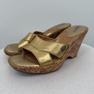 Born Gold Leather Cork Wedge Slide Sandals | Size 6